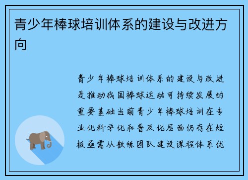 青少年棒球培训体系的建设与改进方向