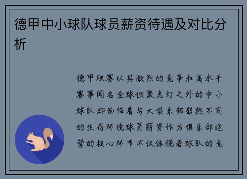德甲中小球队球员薪资待遇及对比分析